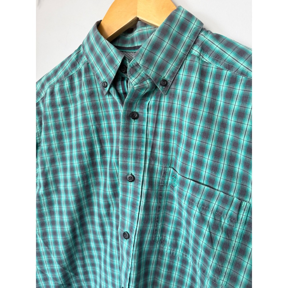 Ariat Pro Series Mens Small‎ Teal Green Plaid Long Sleeve Button Down Shirt